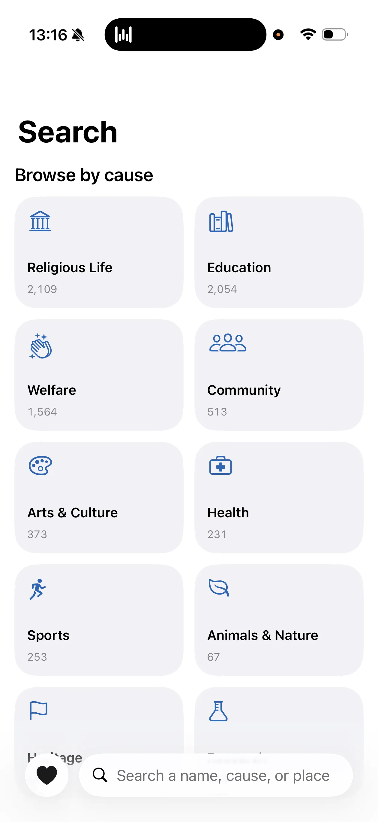 GlassPockets “Browse by cause” — Israeli nonprofits grouped by field, with how many are registered in each