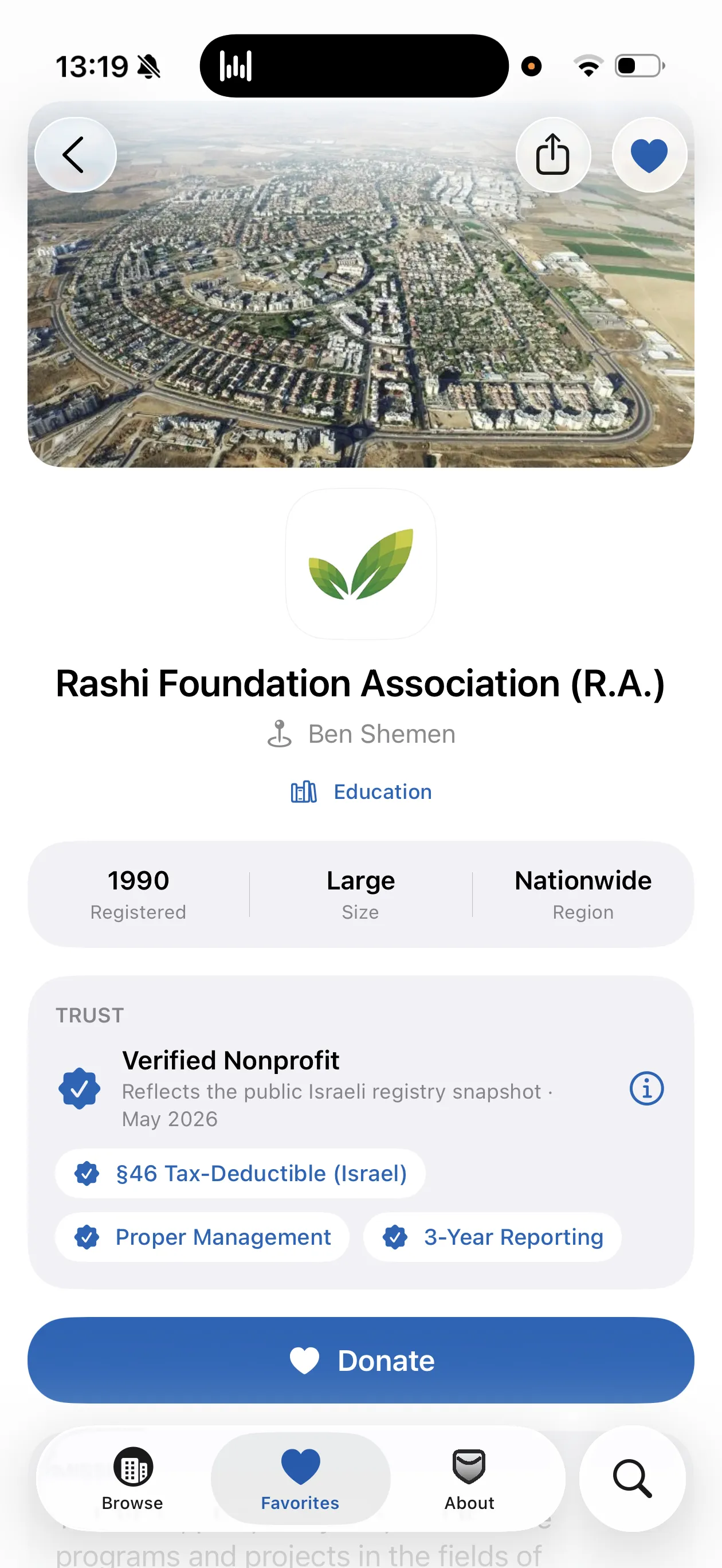 A GlassPockets charity page with a Verified Nonprofit trust card — §46 Tax-Deductible, Proper Management, 3-Year Reporting — and a Donate button
